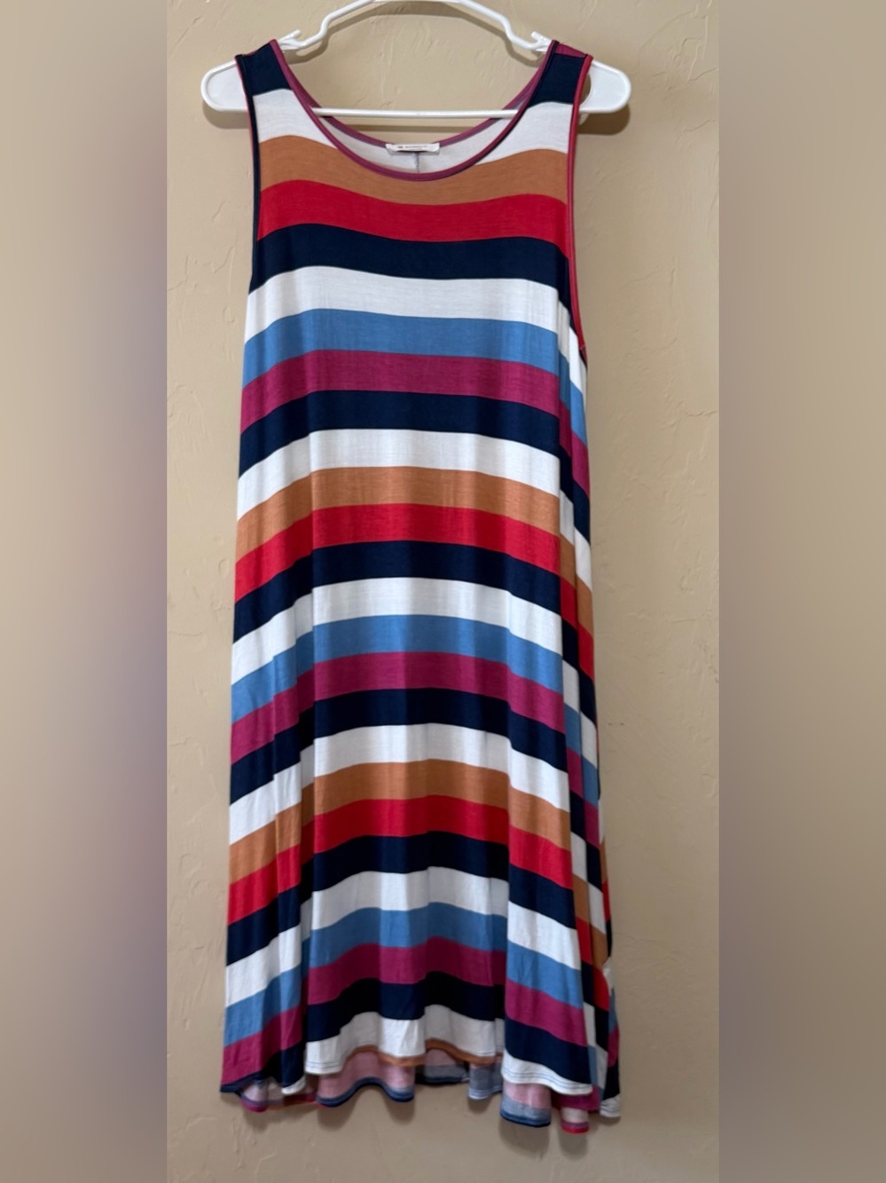 Striped Sleeveless Midi Swing Dress in Navy, Red, White & Tan